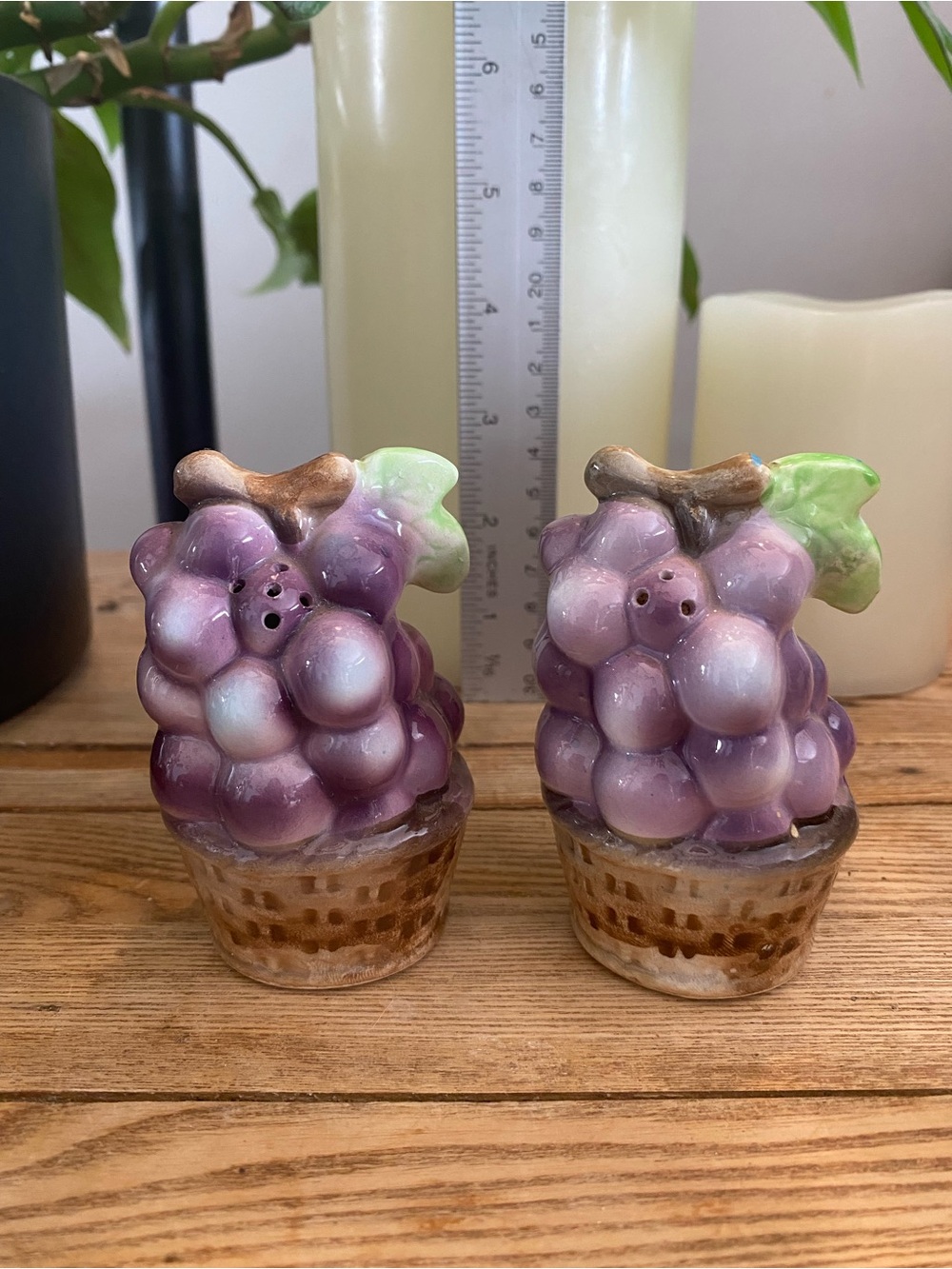 Vintage Purple Grape Cluster Salt & Pepper Shakers - Ceramic Woven Basket Base